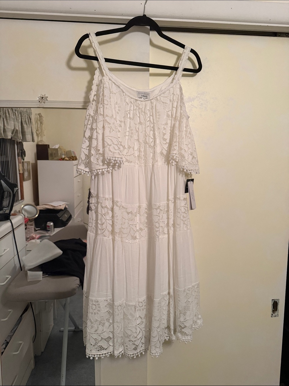 Signature by Robbie Bee White Lace Tiered Midi Dress with Pom-Pom Trim